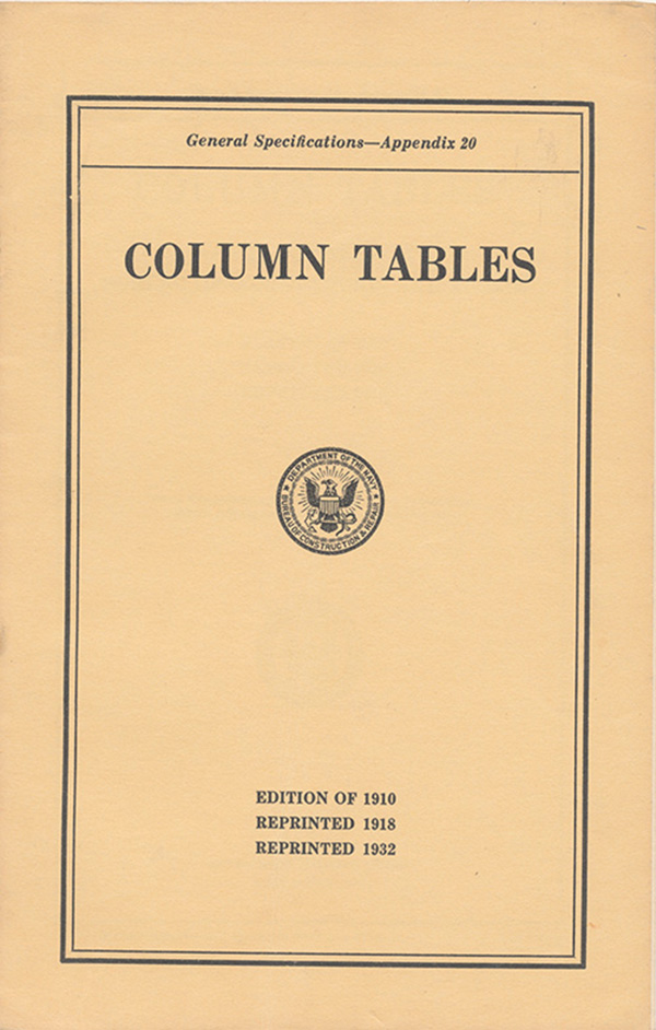 Navy Department Bureau of Construction and Repair - Column Tables: General Specifications, Appendix 20