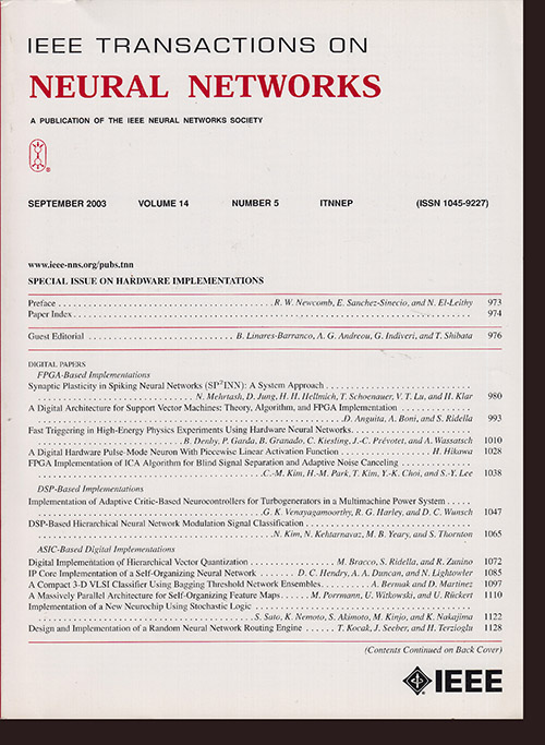 IEEE - Ieee Transactions on Neural Networks: Special Issue on Hardware Implementations (September 2003, Vol 14, No. 5)
