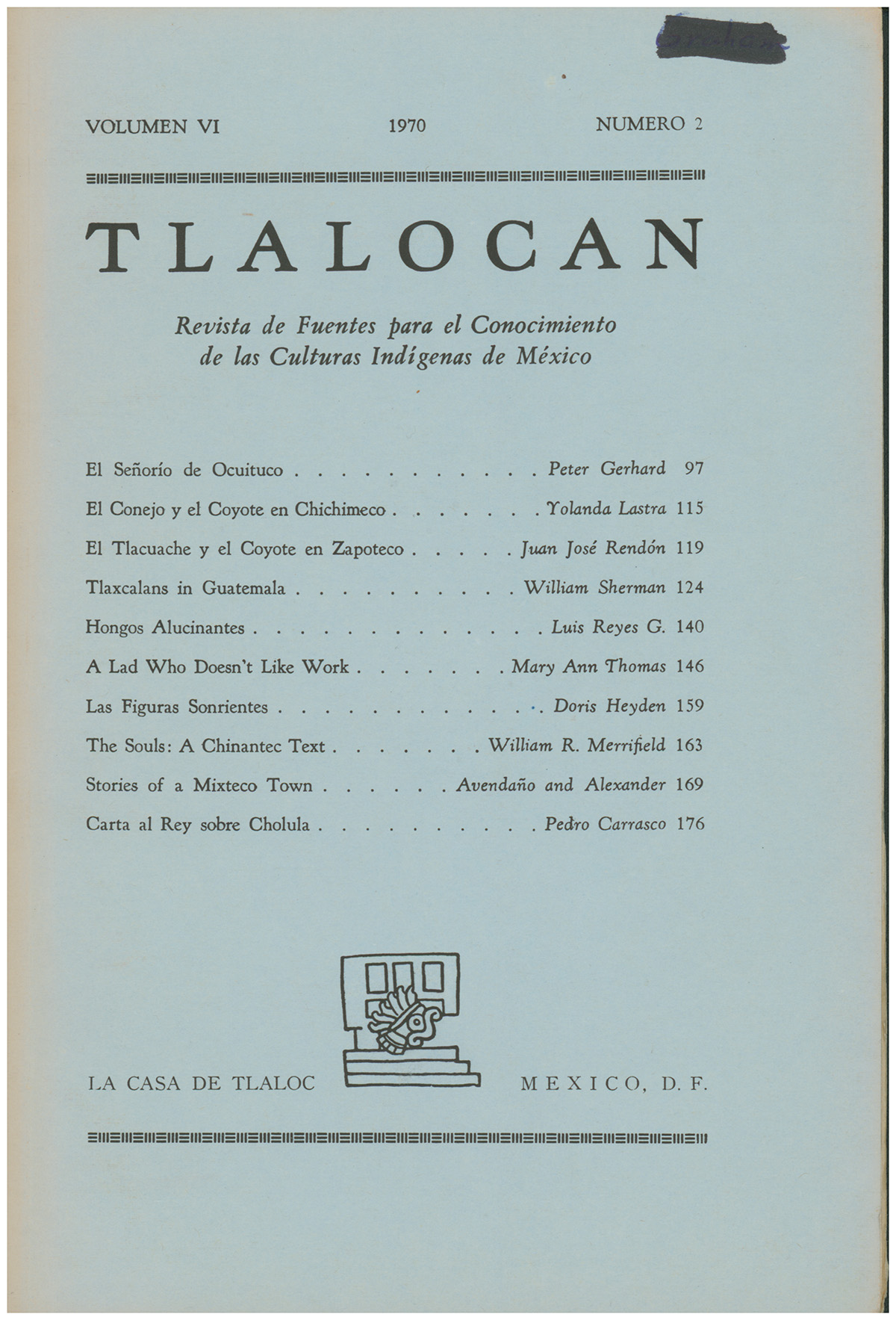 Bernal, Ignacio (editor) - Tlalocan: A Journal of Source Materials on the Native Cultures of Mexico (Vol VI, 1970, Numero 1)